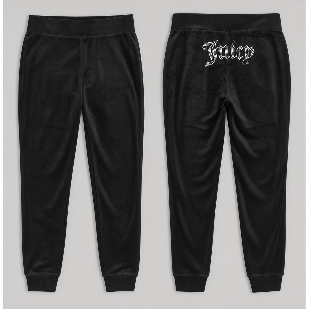 Juicy Couture Black Velour Rhinestone Logo Joggers Womens Medium Y2K Athleisure